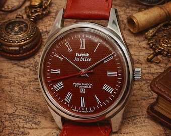 HMT Jubilee Red Dial Watch | Hand Winding Mechanical, Roman Numerals, Retro Dress Timepiece