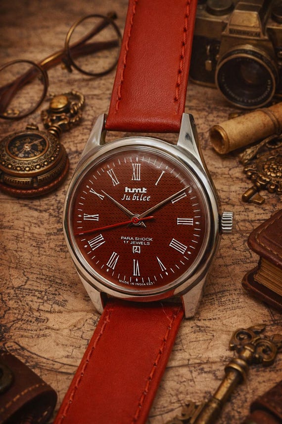 HMT Jubilee Red Dial Watch | Hand Winding Mechanical, Roman Numerals, Retro Dress Timepiece