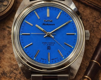Vintage HMT Kohinoor Blue Dial Mechanical Watch | 17 Jewels Parashock Stainless Steel Wristwatch