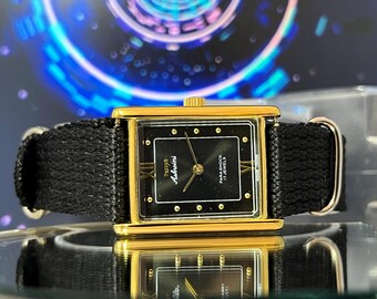 Vintage HMT Ashvini Mechanical Watch | Rectangular Gold-Plated Case, Black Dial