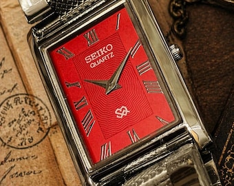Seiko Tank Watch Red Dial | Vintage Rectangular Dress Watch Roman Numerals