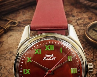 Vintage HMT Pilot Red Dial Watch | Hand-Winding Mechanical, Roman Numerals, Indian Timepiece