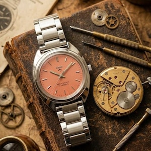 May include: A vintage wristwatch with a salmon-colored face and silver band rests on a worn leather-bound book. The watch is surrounded by watchmaking tools, gears, and a catalog. The watch face reads "PARA SHOCK 17 JEWELS".