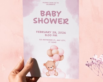 Plantilla editable de invitación para baby shower con globos de oso pardo, invitación imprimible azul estilo boho para niño "We Can Bearly Wait"