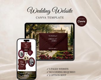 Plantilla de Canva para sitio web de bodas Rose Garden Old Money con RSVP y cuenta regresiva, invitación digital color borgoña oliva.