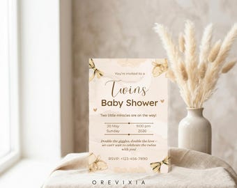 Plantilla de invitación para baby shower de gemelos con género neutro. Invitación editable para baby shower de gemelos. Descarga instantánea e imprimible.