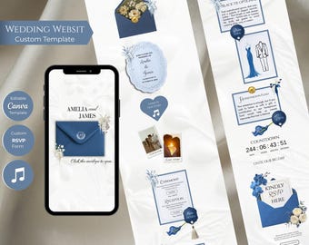 Plantilla de sitio web de boda floral azul empolvado, invitación editable en Canva con RSVP, descarga digital para bodas.