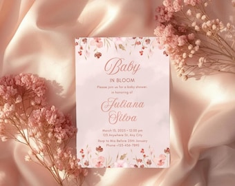Invitación "Bebé en Flor", tarjeta de baby shower con flores silvestres en rosa suave (descarga digital)