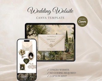 Sitio web de boda de estilo italiano clásico / Plantilla de Canva con elegante confirmación de asistencia / Invitación digital clásica color oliva
