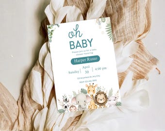 Plantilla de invitación para baby shower con temática de safari: Invitación editable con animales de la jungla para bebé (descarga digital)