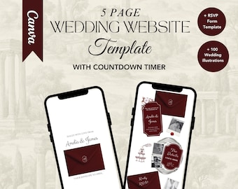 Plantilla web de boda color burdeos y óxido, sitio web de confirmación de asistencia editable en Canva, elegante invitación de boda digital.