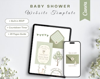 Invitación para baby shower con temática de ganso tonto (sitio web) con confirmación de asistencia (RSVP) - Plantilla editable de Canva - Invitación digital "Ganso suelto" - Diseño neutro - Descarga instantánea