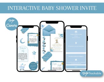 Plantilla web para baby shower de niño con confirmación de asistencia (RSVP) e invitación web para baby shower en Canva. Tarjeta RSVP rastreable. Descarga digital.