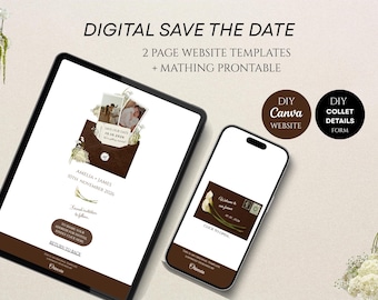 Plantilla web para anunciar la fecha de tu boda en color marfil, óxido y marrón. Invitación de boda editable en Canva. Tarjeta digital de descarga instantánea.