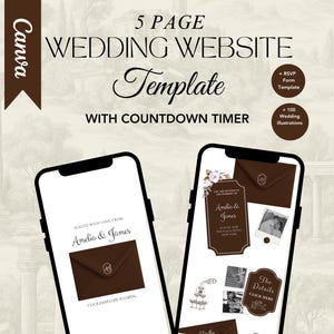 May include: Two smartphones showcasing a digital wedding website template. The template includes a countdown timer, RSVP form, and over 100 wedding illustrations. The design features a brown and white colour scheme with the text "5 PAGE WEDDING WEBSITE Template".