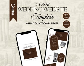 Plantilla de sitio web de boda en color marfil y marrón óxido. Elegante invitación de boda editable con temporizador de cuenta regresiva y confirmación de asistencia en Canva. Invitación digital de estilo clásico.