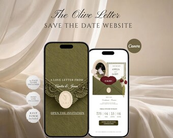 Olivgrün Save the Date Website Vorlage | Elegante Hochzeitseinladung mit klickbarem Antwortkarten-Instant Download
