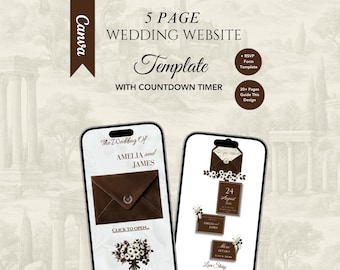 Plantilla de sitio web de boda en marfil y marrón óxido. Invitación digital editable con confirmación de asistencia y temporizador de cuenta regresiva.