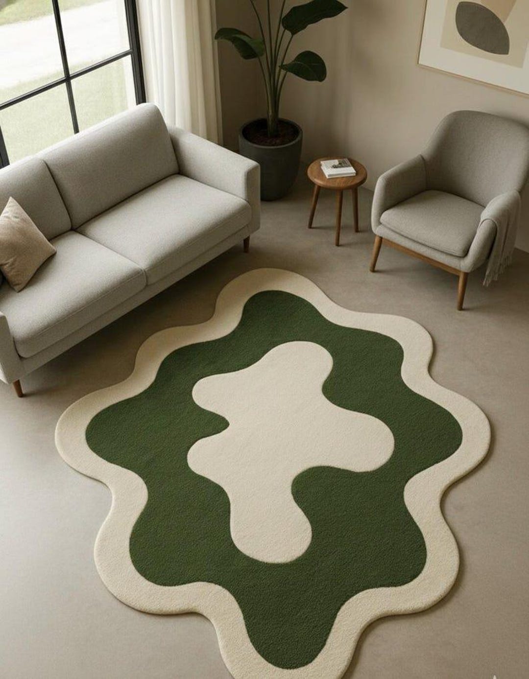 Hand-tufted Forest Green Wool Rug, Organic Abstract Wavy Area Rug ...