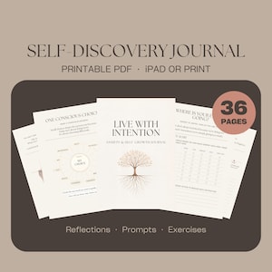 May include: A 36-page self-discovery journal printable PDF featuring the text "Live With Intention Anxiety & Self Growth Journal" with a tree illustration, "One Conscious Choice" page with a circular chart, and an energy audit worksheet.