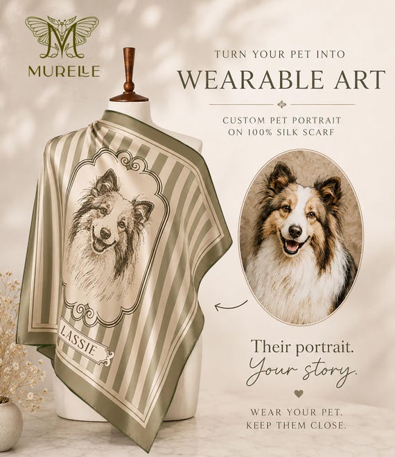 Your dog's face hand-painted onto a Mulberry silk bandana — wearable pet portraiture that's genuinely luxurious and one-of-a-kind.