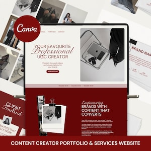 Op de afbeelding: Een digitale website-sjabloon voor een portfolio van een content creator met een kleurenschema in donkerrood en wit. De lay-out bevat secties met de titels Your Favourite Professional UGC Creator, Client Feedback en Empowering Brands With Content That Converts.