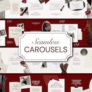 Puede incluir: Un diseño gráfico con fondo burdeos y texto blanco. El texto central dice "Seamless CAROUSELS". El diseño incluye varias imágenes, fragmentos de texto y elementos de diseño, sugiriendo un tema de marketing o diseño.