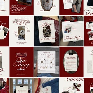 Op de afbeelding: Een collage van afbeeldingen met een bordeauxrode en witte kleurstelling. De afbeeldingen bevatten tekst zoals "Breakdown", "How I Improved My Content", "UGC Content", "First Steps" en "Tip of the Day". De collage lijkt gerelateerd aan content creatie.