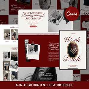 Pode incluir: Um pacote de marketing digital em bordô e branco. A imagem apresenta um tablet com as palavras "Work Book" e outros materiais de marketing. O logotipo da Canva é visível. O pacote é para criadores de conteúdo UGC.