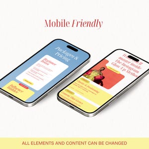 May include: Two smartphones with black bezels and silver frames are displayed at an angle. The screens show website mockups with text that reads "Packages & Pricing" and "What you'll master inside The Instagram Glow-Up Method." The phrase "Mobile Friendly" is above the phones.