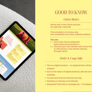 May include: A black tablet displays a webpage with a blue and yellow design, with the text "Packages & Pricing." The text "GOOD TO KNOW" and "Canva Basics" are also visible. The tablet rests on a white, textured surface.