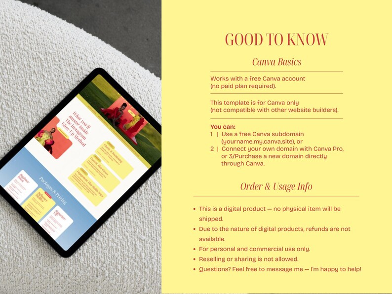 May include: A black tablet displays a webpage with a blue and yellow design, with the text "Packages & Pricing." The text "GOOD TO KNOW" and "Canva Basics" are also visible. The tablet rests on a white, textured surface.
