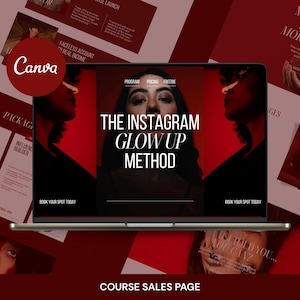 May include: A laptop displays a course sales page with the text "THE INSTAGRAM GLOW UP METHOD." The design features a red and black color scheme with images and text. The Canva logo is visible in a red circle. Additional text includes "BEGINNER BOOST" and "INFLUENCER BUILDER."