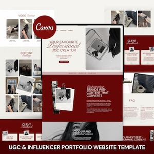 May include: A Canva website template for a UGC and influencer portfolio featuring a dark red and white color scheme. The layout includes sections for video content, a content gallery, client feedback, and FAQs with text overlays and photo grids.