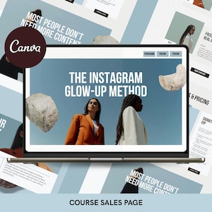 May include: A laptop screen showcases a course sales page with the title "The Instagram Glow-Up Method." The image features two women, one in an orange blazer and the other in a white jacket, set against a blue sky. The Canva logo is present.