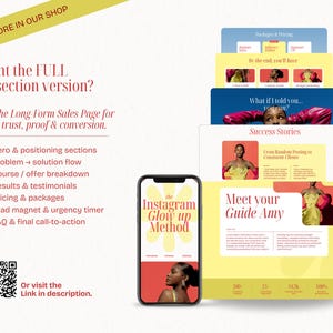 May include: A smartphone displays a webpage with the text "Instagram Glow Up Method." The image features a series of website mockups with text and images, including "Hero & positioning sections" and "Success Stories." A QR code is also visible.