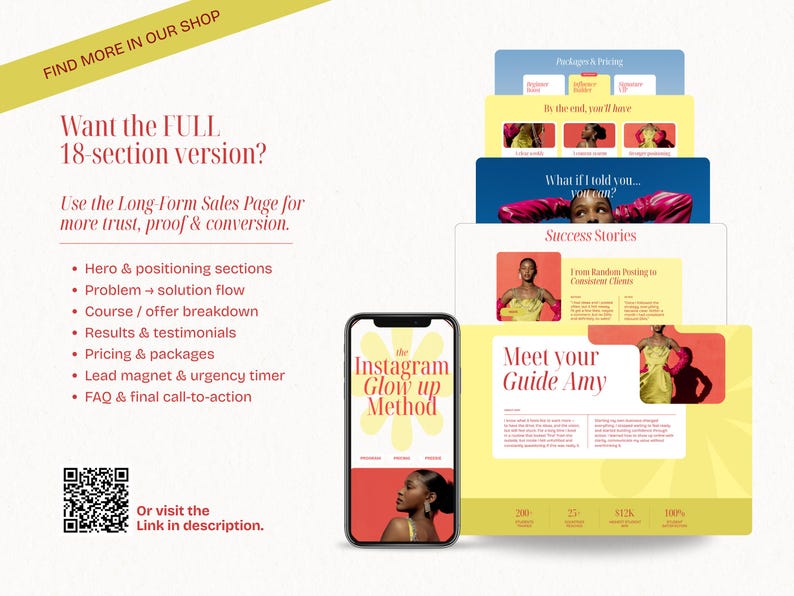 May include: A smartphone displays a webpage with the text "Instagram Glow Up Method." The image features a series of website mockups with text and images, including "Hero & positioning sections" and "Success Stories." A QR code is also visible.