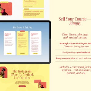 May include: A digital marketing graphic with the text "Sell Your Course - Simply." The image includes a tablet displaying "Packages & Pricing" with three options. Additional text describes a clean Canva sales page with a strategic layout.