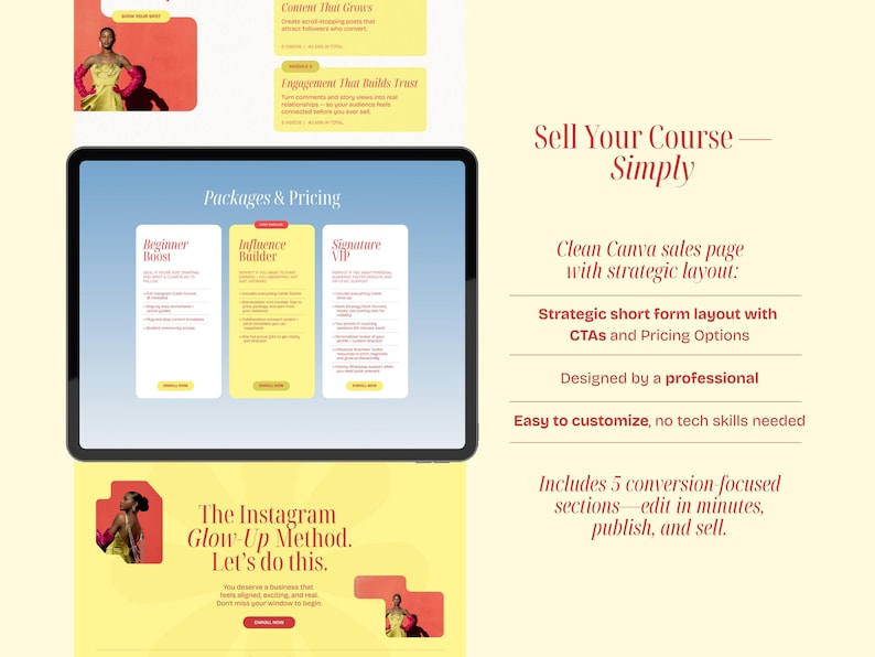 May include: A digital marketing graphic with the text "Sell Your Course - Simply." The image includes a tablet displaying "Packages & Pricing" with three options. Additional text describes a clean Canva sales page with a strategic layout.