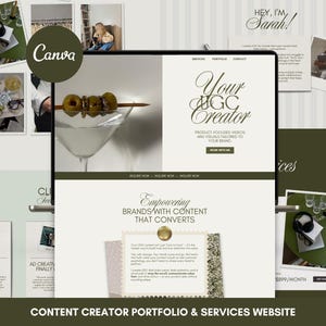 May include: A digital content creator portfolio website displayed on a screen, featuring a martini glass with olives, the text Your UGC Creator, and sections titled Empowering Brands With Content That Converts, Services, and Portfolio.