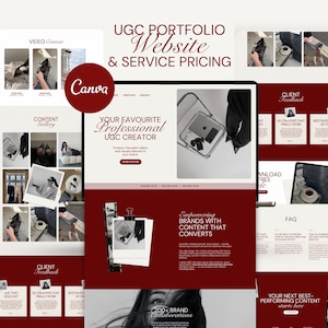 Op de afbeelding: Een digitaal sjabloon voor een UGC-portfolio-website en serviceprijzen, met een donkerrood en wit kleurenschema. De lay-out bevat secties voor video-inhoud, een klantengalerij, getuigenissen en veelgestelde vragen, met het Canva-logo zichtbaar.
