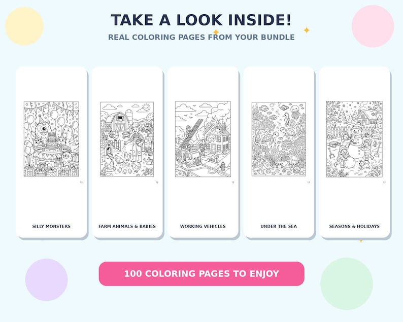 Kids Coloring Book Bundle — 5 Books, 100 Printable Coloring Pages — sample page 7