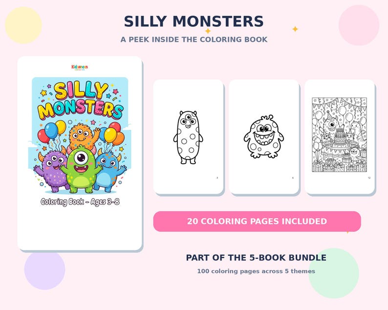 Kids Coloring Book Bundle — 5 Books, 100 Printable Coloring Pages — sample page 2