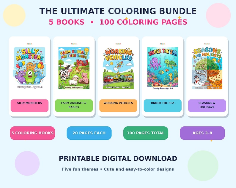 Kids Coloring Book Bundle — 5 Books, 100 Printable Coloring Pages — sample page 1