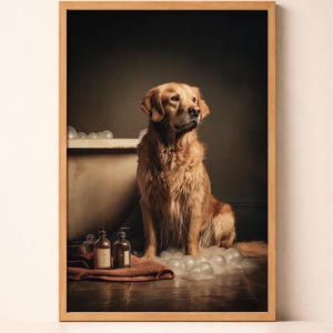 Golden Retriever Dog Bath Art, Vintage Bubble Bath Poster, Rustic Printable Download