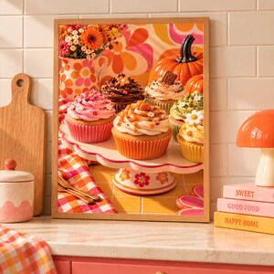 Retro Pumpkin Cupcake Wall Art, Vintage Kitchen Decor, 70s Floral Food Print, Autumn Dessert Poster, Digital Download A4 A3