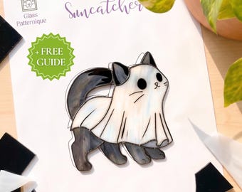 Stained Glass Ghost Cat Pattern, Halloween Wall Art Suncatcher (Digital Download A4/A3/PNG)