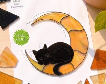 Black Cat Stained Glass Pattern, PDF Template for Celestial Suncatcher (Digital Download)