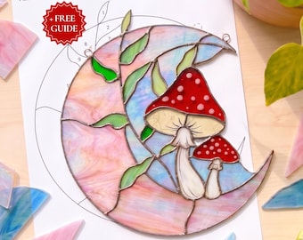 Mushroom Moon Stained Glass Pattern, PDF Template for Whimsical Suncatcher (Digital Download)