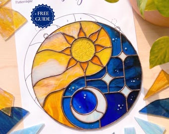 Sun and Moon Stained Glass Pattern, PDF Template for Celestial Suncatcher (Digital Download)